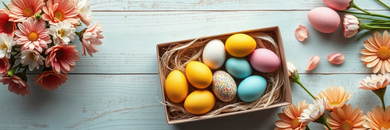 Colorful Easter eggs arranged in a decorative box with flowers surrounding them on a wooden surface